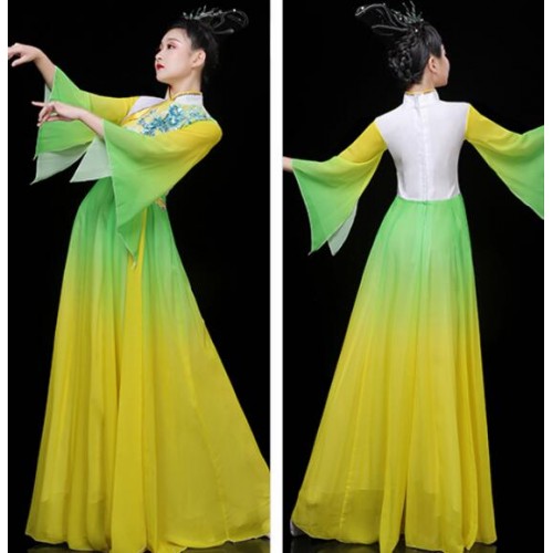 Women's green with yellow gradient chinese folk dance costumes fairy hanfu yangko classical traditional dance dress